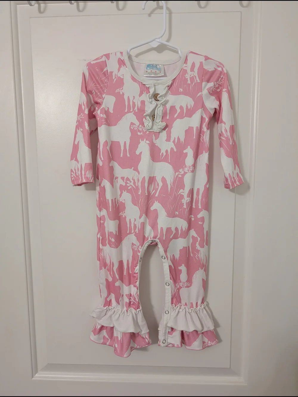 💥3/$24 Pink‎ & White Horse Print Ruffle Romper